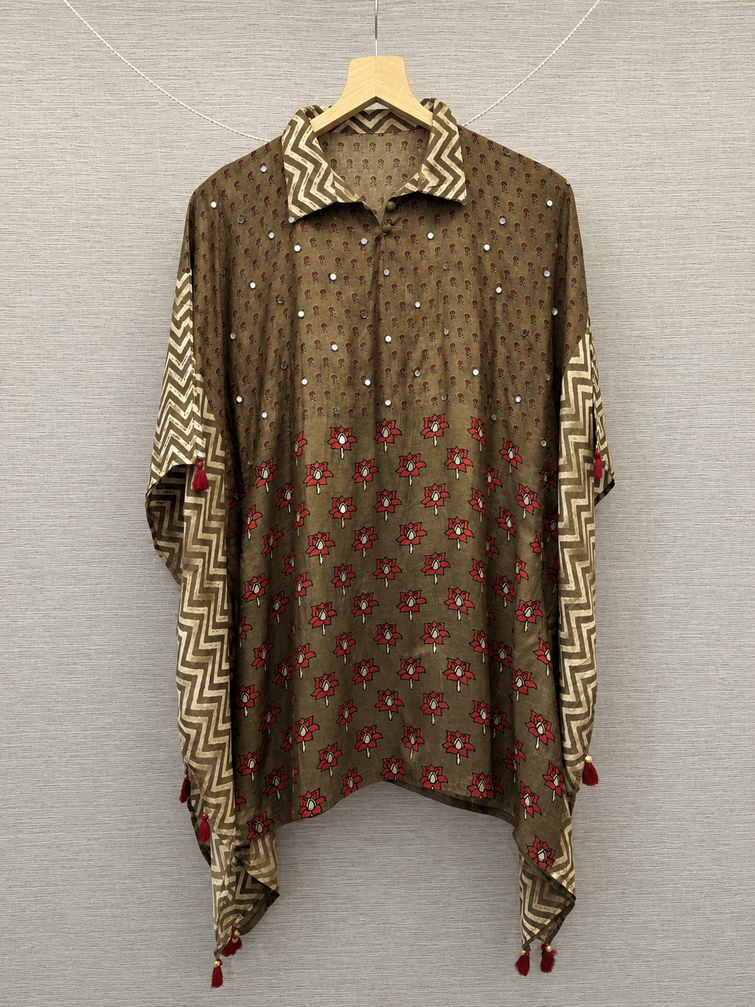 Olive Red Floral Printed Fusion Kaftan Top