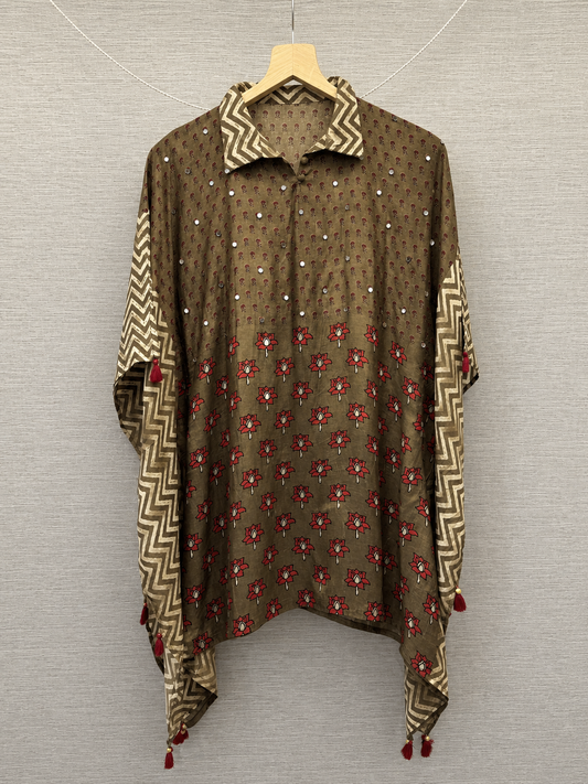 Olive Red Floral Printed Fusion Kaftan Top