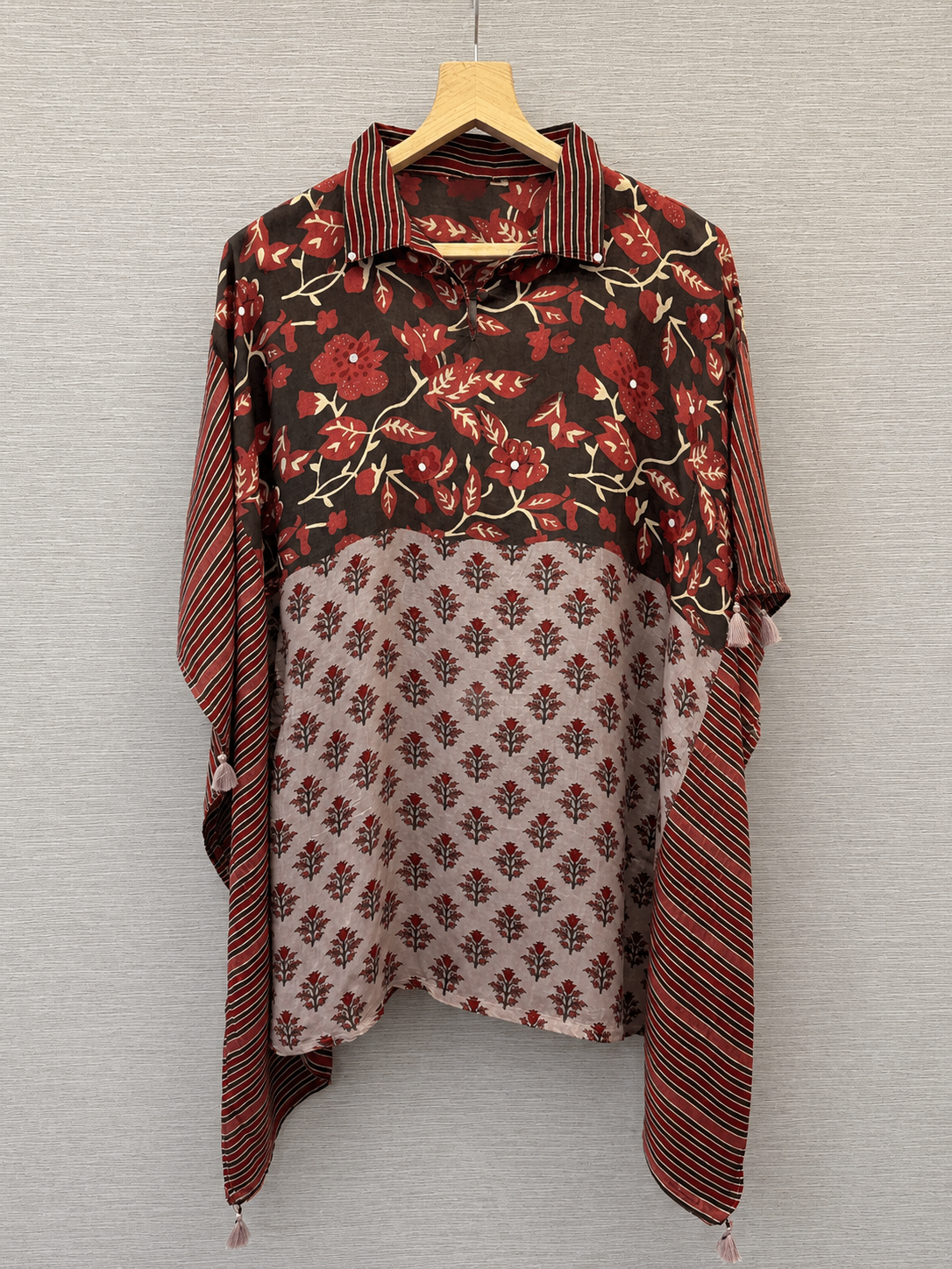 Red Black Floral Printed Fusion Kaftan Top