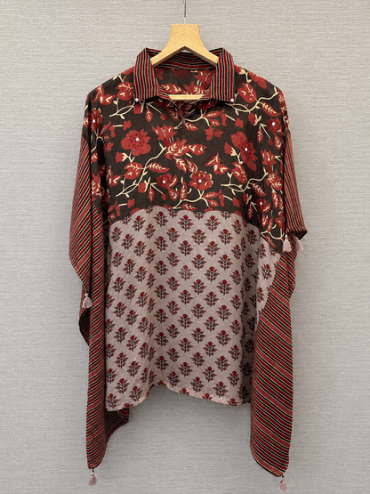 Red Black Floral Printed Fusion Kaftan Top