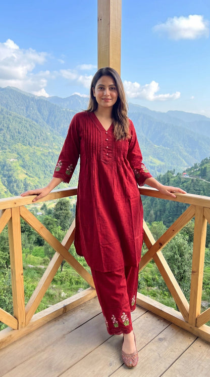Red Pintuck Floral Embroidered Kurta Pant Set
