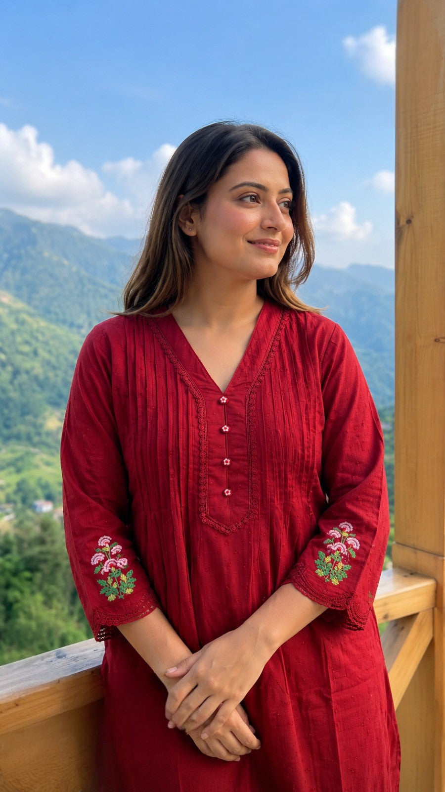 Red Pintuck Floral Embroidered Kurta Pant Set