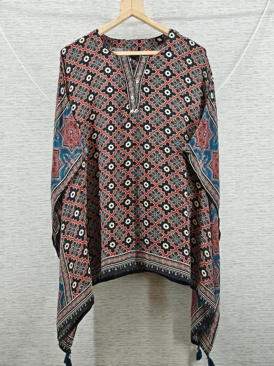 Black Floral and Ajrakh Inspired Fusion Kaftan Top