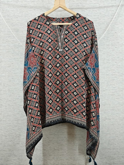 Black Floral and Ajrakh Inspired Fusion Kaftan Top
