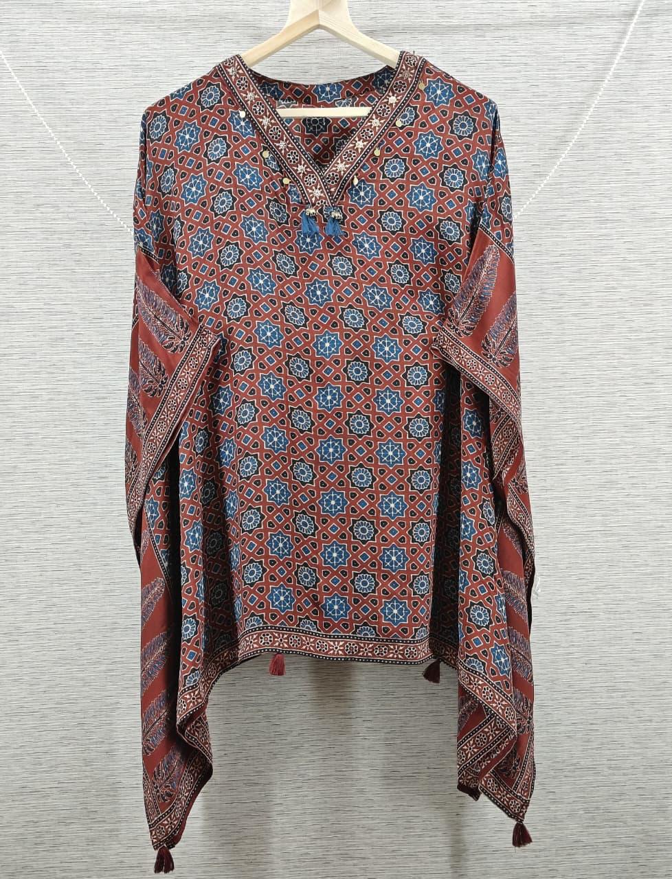 Red Ajrakh Inspired Fusion Kaftan Top