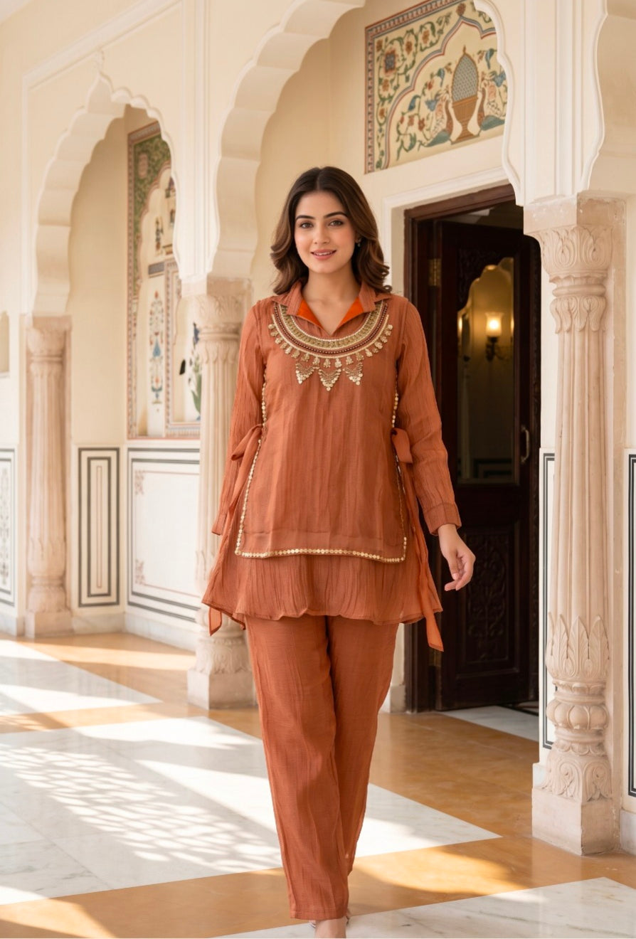Crush Tissue Embroidered Indo-Western Co-ord Set