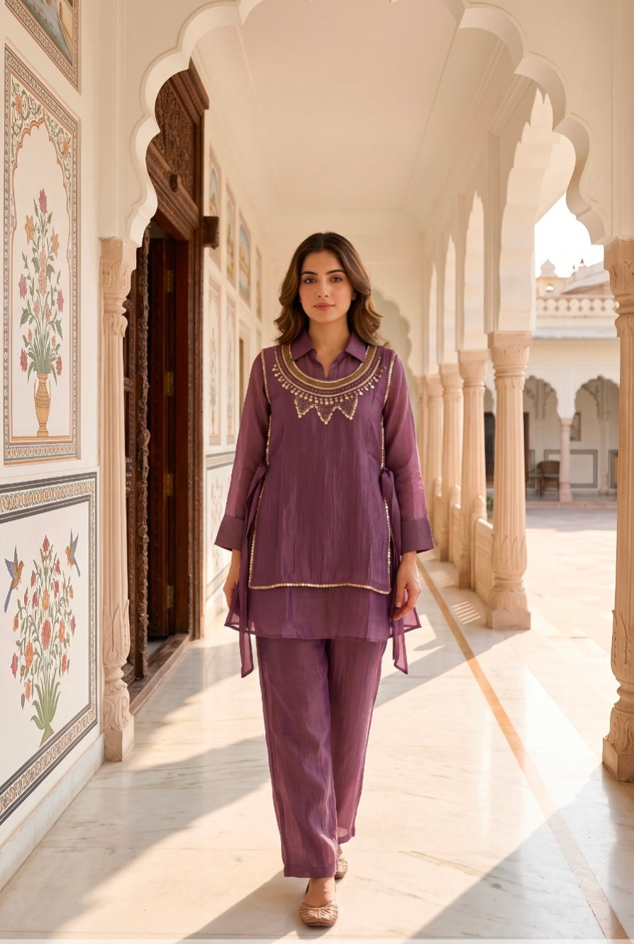 Crush Tissue Embroidered Indo-Western Co-ord Set