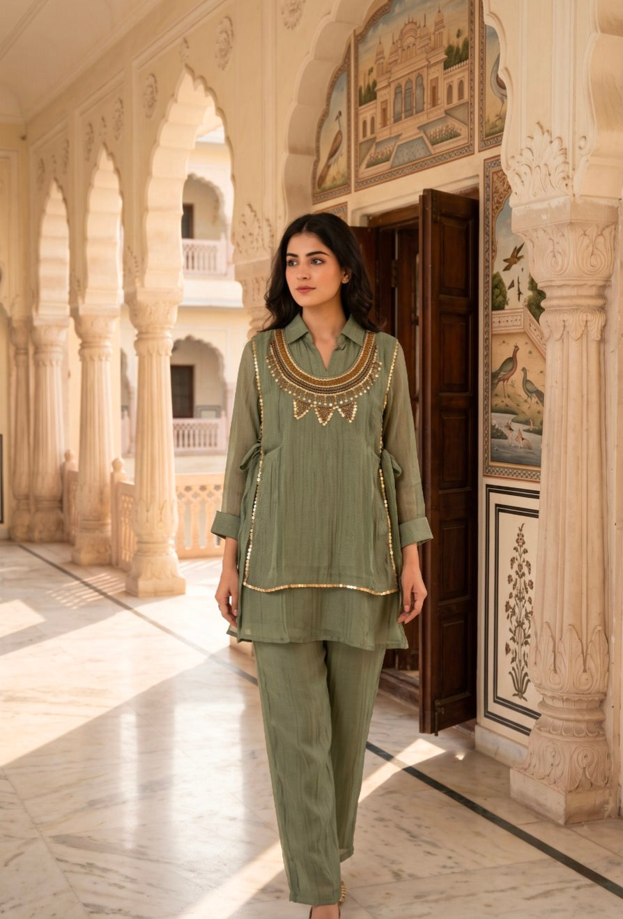Crush Tissue Embroidered Indo-Western Co-ord Set