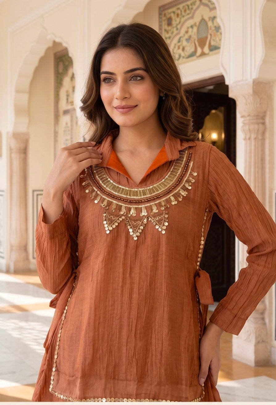 Crush Tissue Embroidered Indo-Western Co-ord Set