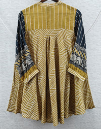 Yellow & Blue Stripe and Geometric Mul Chanderi Short Kurti for Women