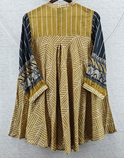 Yellow & Blue Stripe and Geometric Mul Chanderi Short Kurti for Women