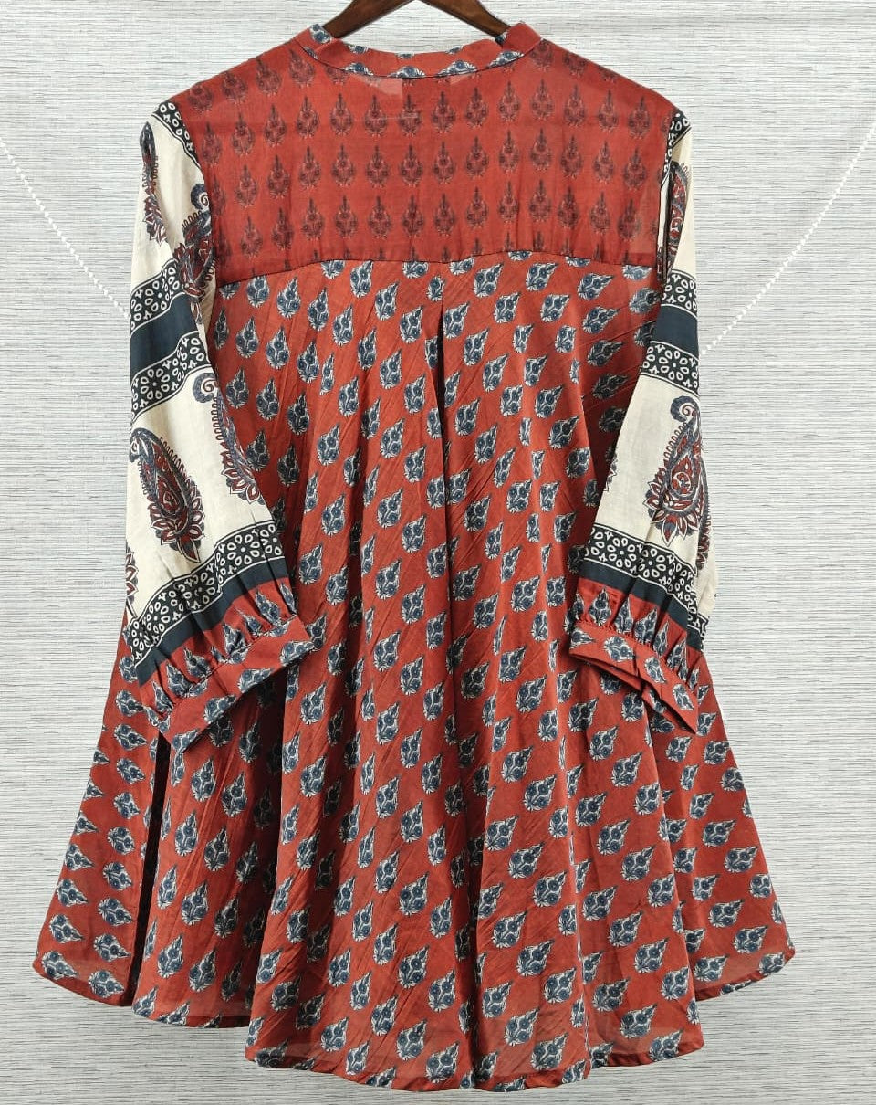 Red beige ajrakh inspired Mul Chanderi Short Kurti for Women