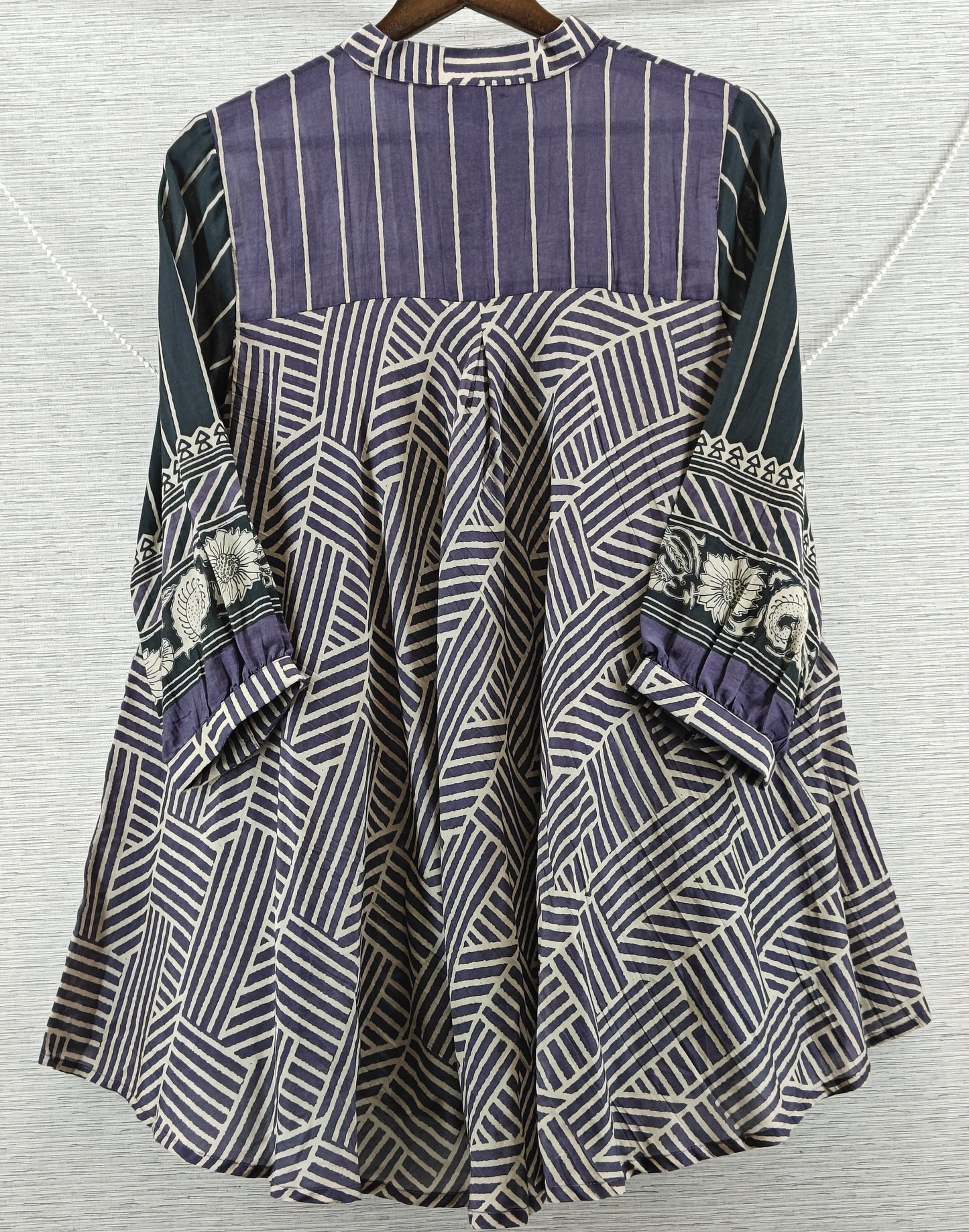 Purple & Black Stripe and Geometric Mul Chanderi Short Kurti for Women