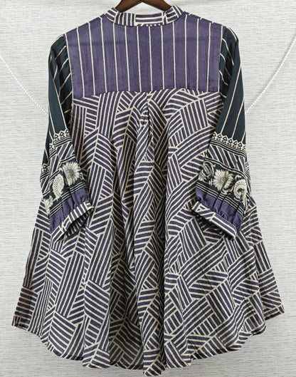 Purple & Black Stripe and Geometric Mul Chanderi Short Kurti for Women
