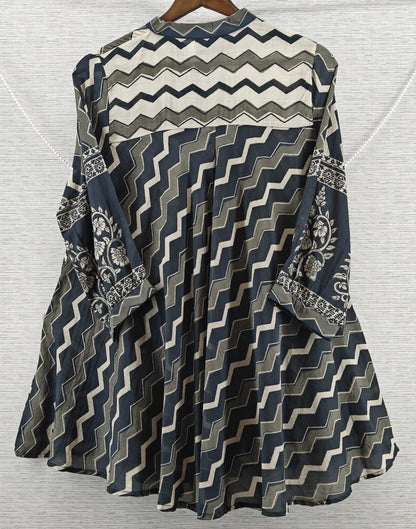 Grey & Black Chevron Mul Chanderi Short Kurti for Women