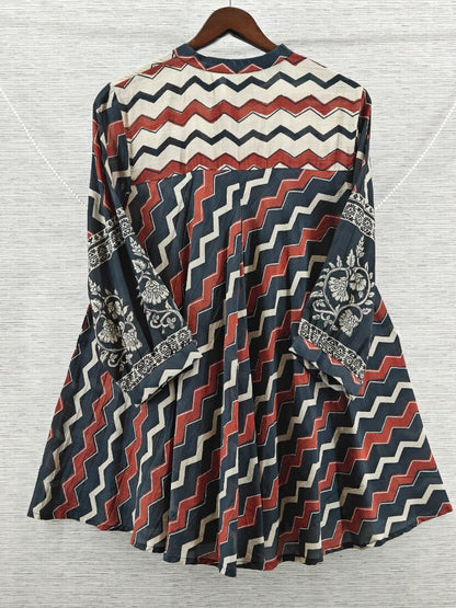 Red & Black Chevron Mul Chanderi Short Kurti for Women