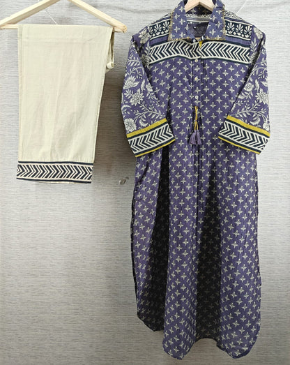 Blue Grey Mul Chanderi Kurti Pant set