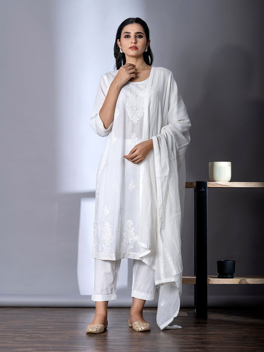 White Embroidered Kurta Pant Dupatta set - Suit Set Kurti Pant Dupatta Set
