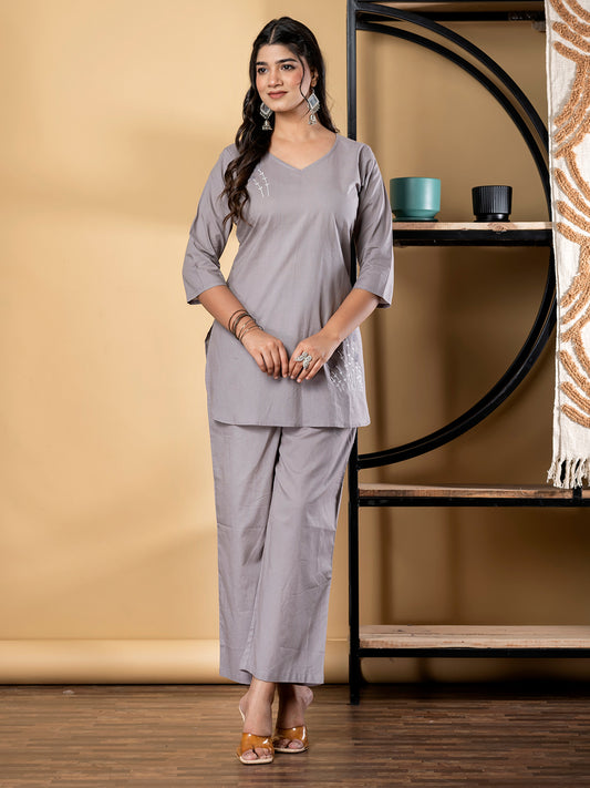 Grey Cotton Coordset Embroidered Loungewear for women