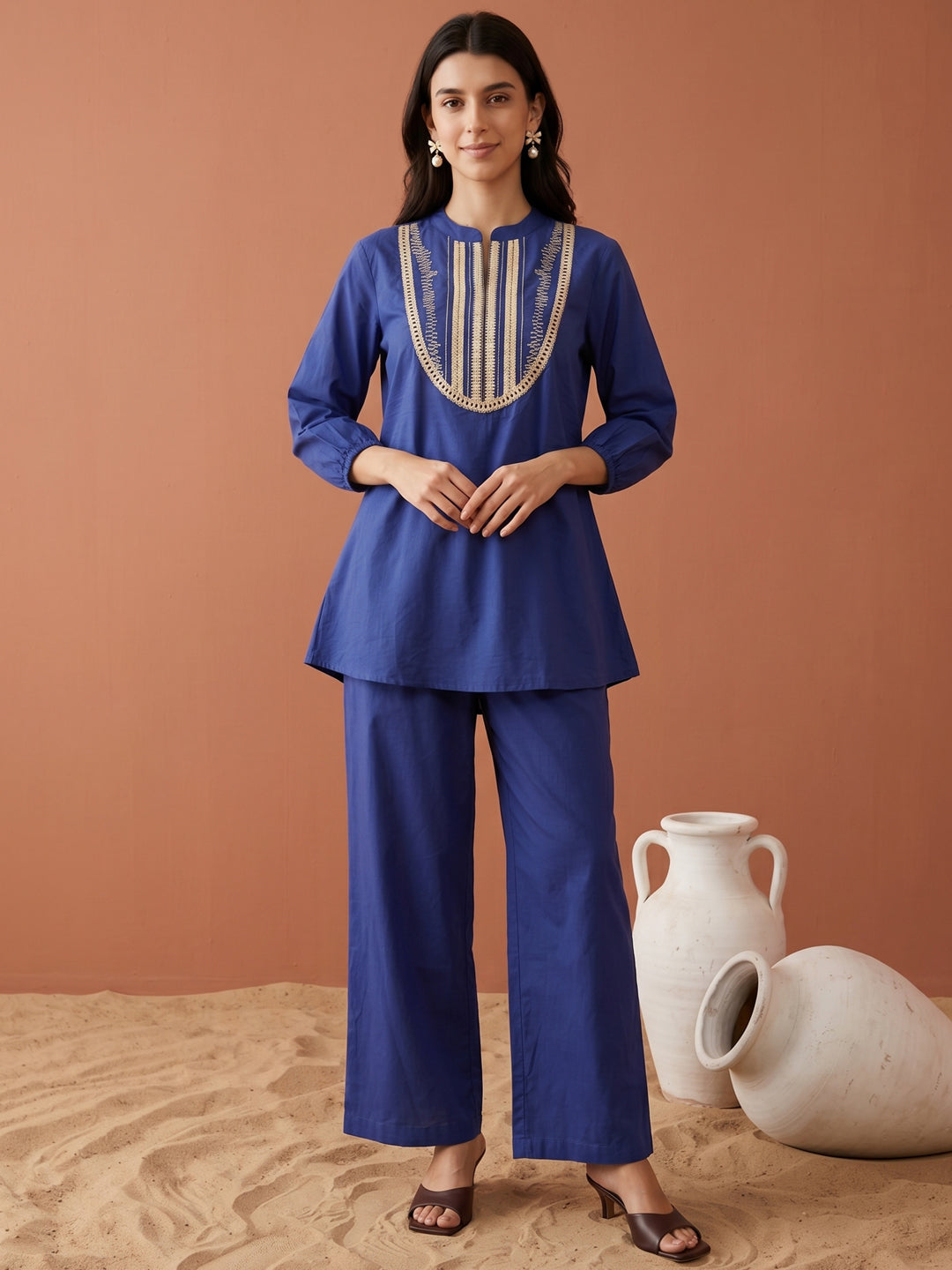 Embellished Cotton Co-Ord -Blue and Peach