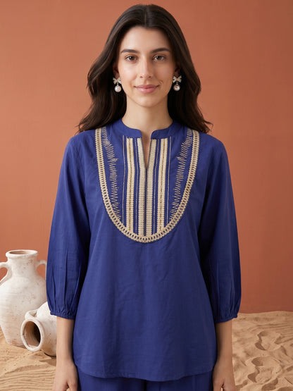 Blue Embroidered Short Kurti Pant Set for Women – Cotton Co-Ord