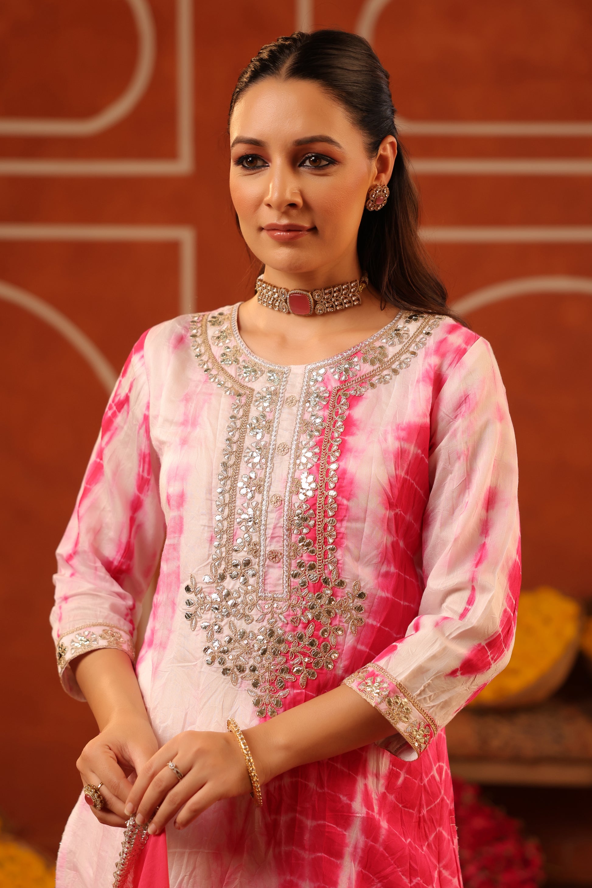 Pink Shibori Sharara Set - Suit Set Kurti Pant Dupatta Set