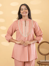 Peach Embroidered Short Kurti Pant Set for Women – Cotton Co-Ord