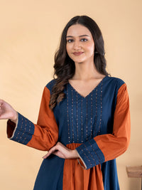 Navy Blue & Rust Cotton Kurta Pant Set