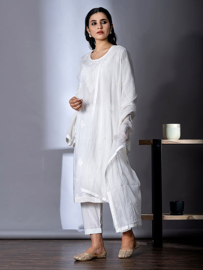 White Embroidered Kurta Pant Dupatta set - Suit Set Kurti Pant Dupatta Set