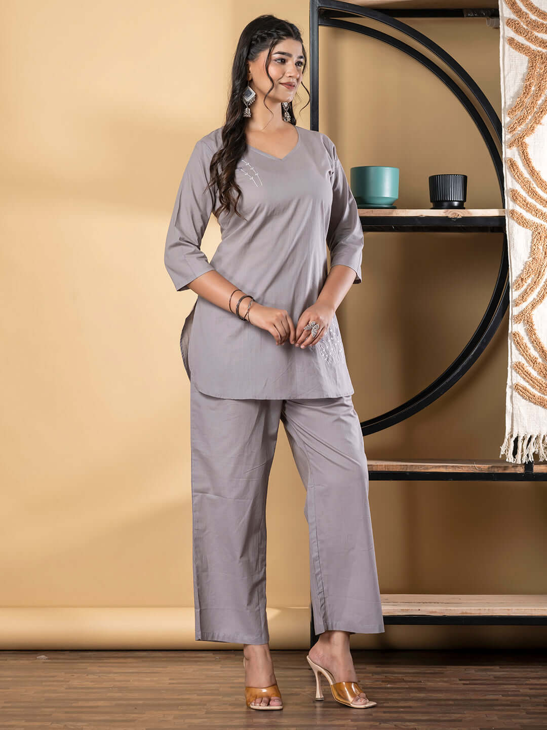 Grey Cotton Coordset Embroidered Loungewear for women