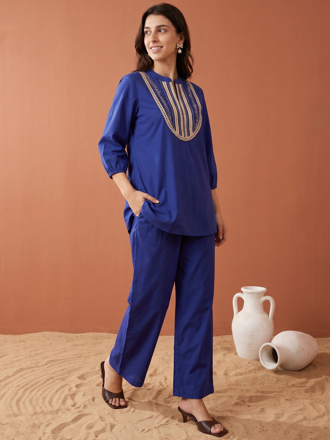 Blue Embroidered Short Kurti Pant Set for Women – Cotton Co-Ord