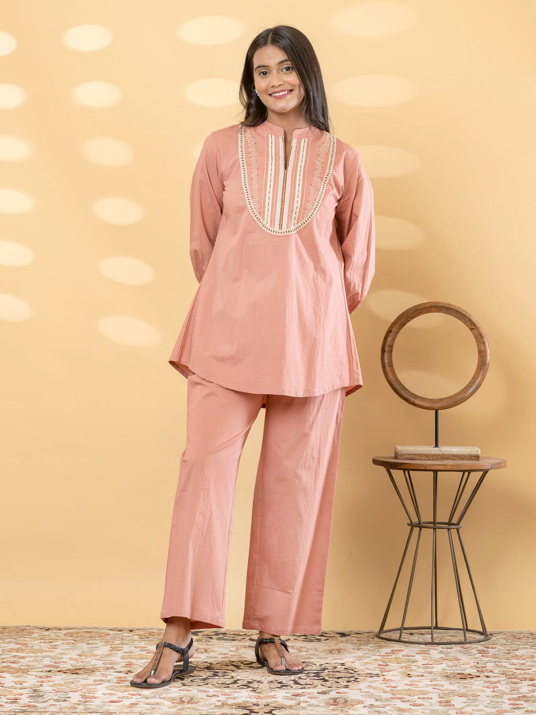 Peach Embroidered Short Kurti Pant Set for Women – Cotton Co-Ord
