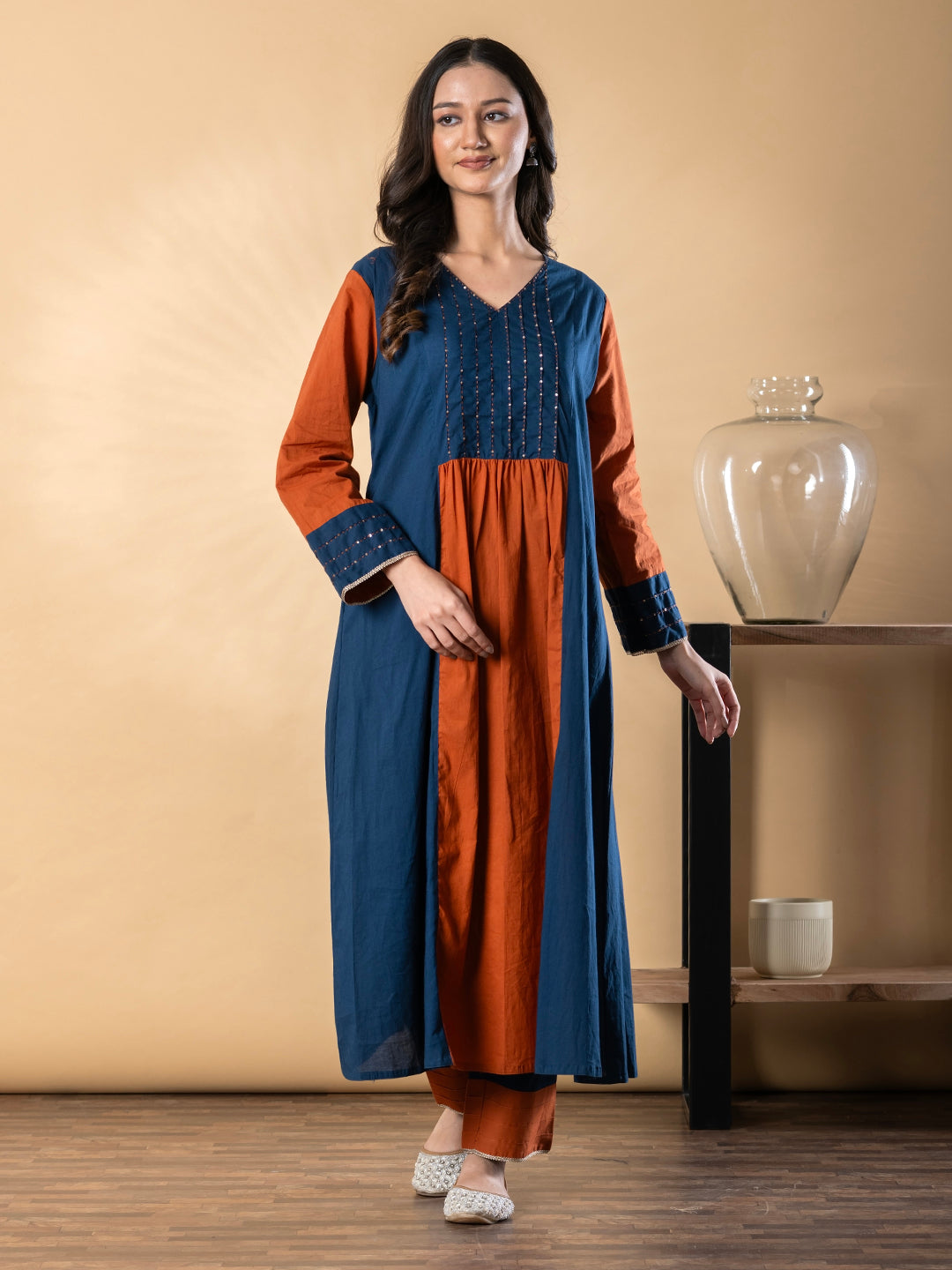 Navy Blue & Rust Cotton Kurta Pant Set