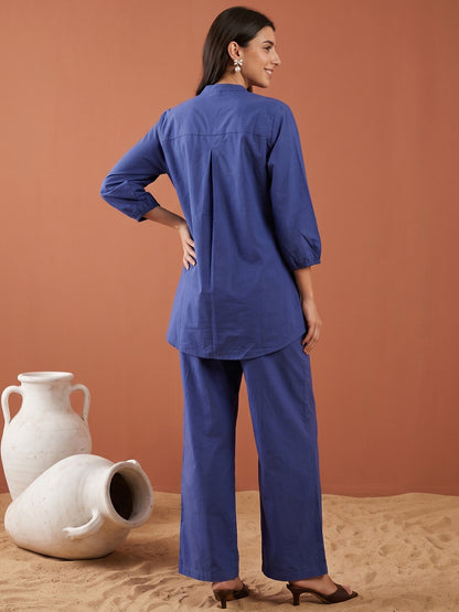 Blue Embroidered Short Kurti Pant Set for Women – Cotton Co-Ord