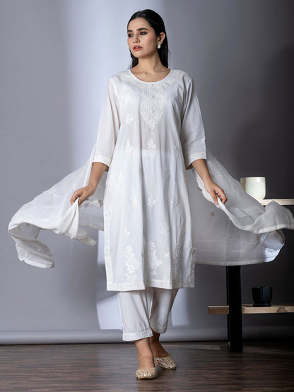 White Embroidered Kurta Pant Dupatta set - Suit Set Kurti Pant Dupatta Set