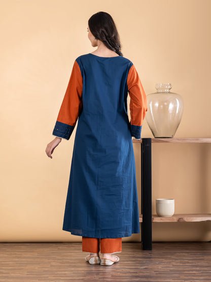 Navy Blue & Rust Cotton Kurta Pant Set