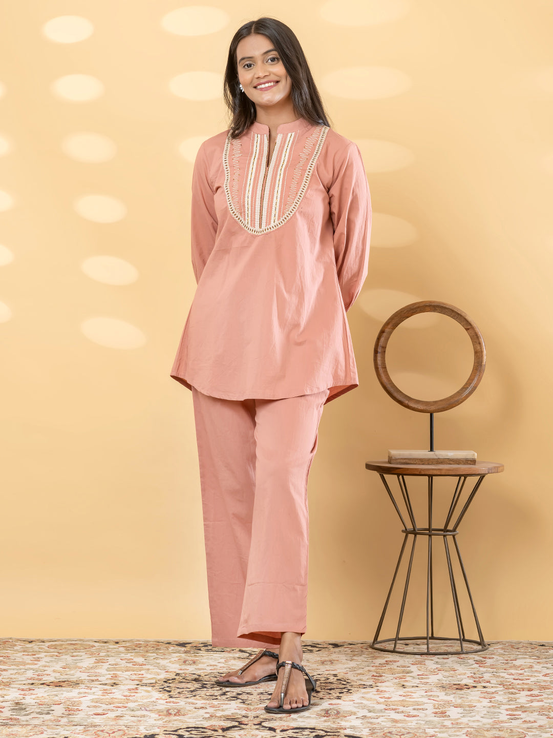 Peach Embroidered Short Kurti Pant Set for Women – Cotton Co-Ord