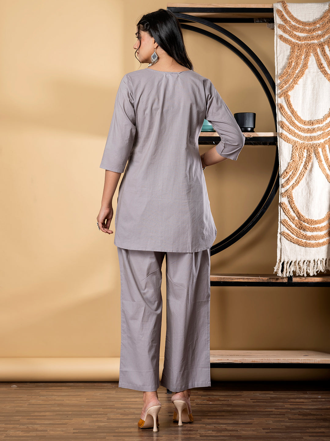 Grey Cotton Coordset Embroidered Loungewear for women