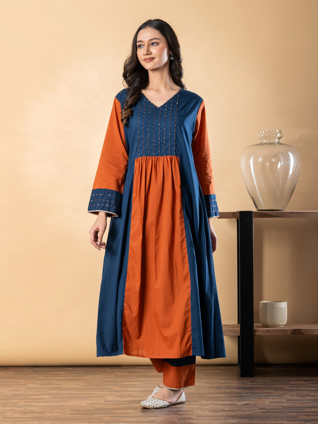 Navy Blue & Rust Cotton Kurta Pant Set