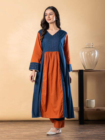 Navy Blue & Rust Cotton Kurta Pant Set