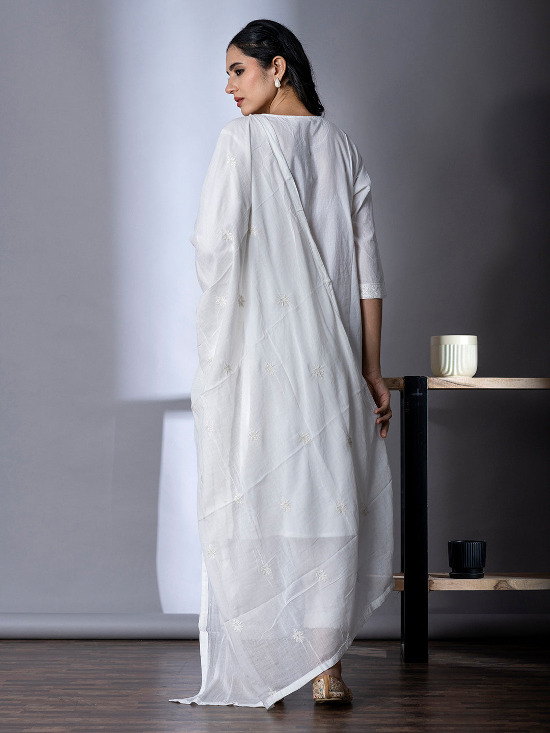 White Embroidered Kurta Pant Dupatta set - Suit Set Kurti Pant Dupatta Set