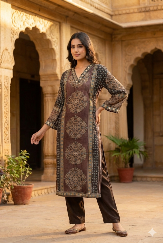 Ajrakh Print Kurta Pant set- Red and Brown Colour - Kurti Pant Set