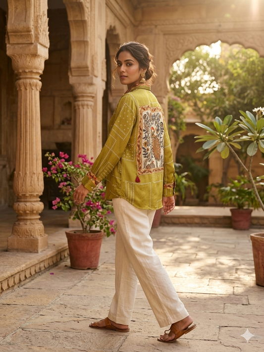 Peacock Bandhani Printed Indo-Western Crepe Shirt