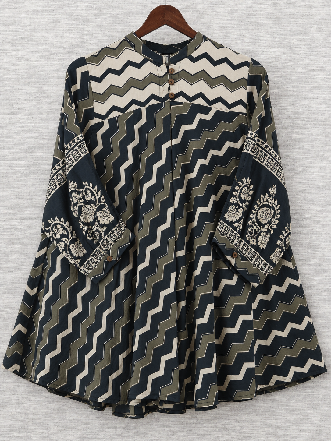 Grey & Black Chevron Mul Chanderi Short Kurti for Women