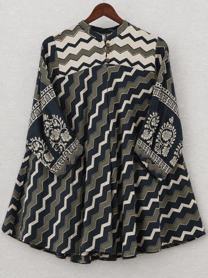 Grey & Black Chevron Mul Chanderi Short Kurti for Women