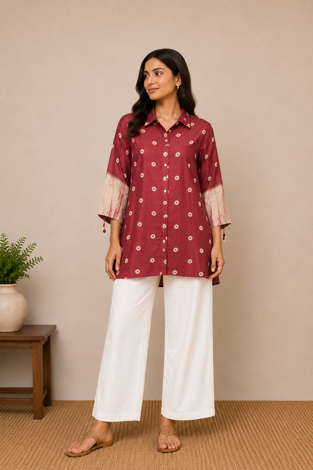 Maroon Bandhej and Shibori Print shirt