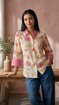 Pink Beige Floral mul chanderi Shirt