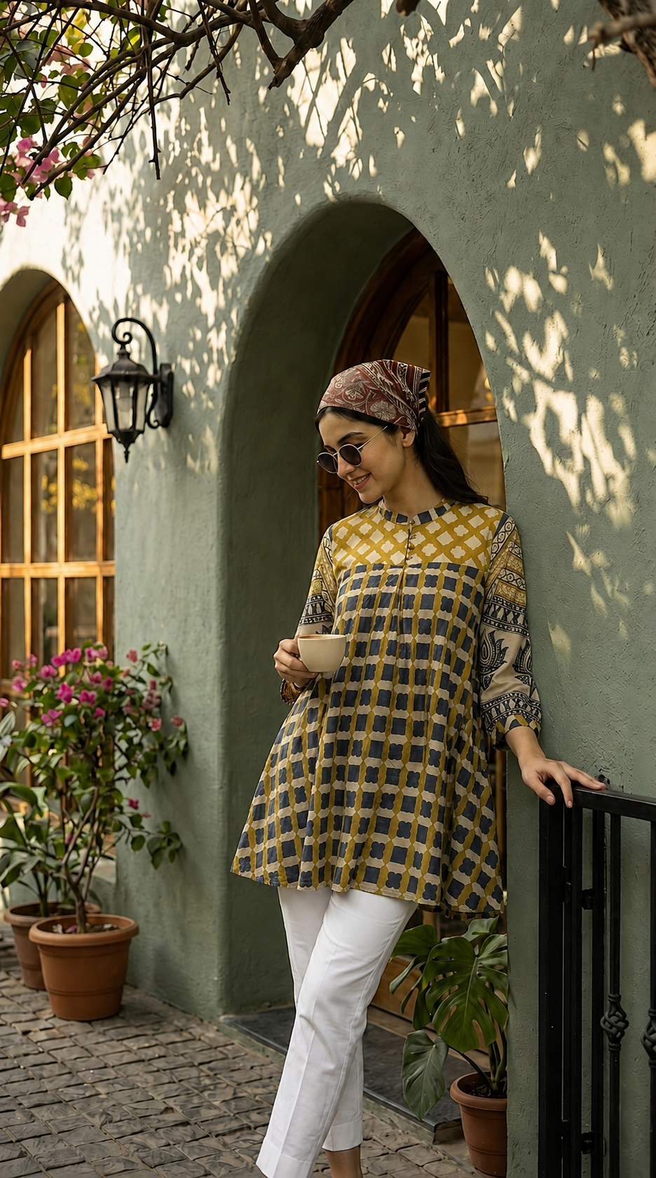 Mustard Geometric Print Mul Chanderi A-Line Kurti for Women