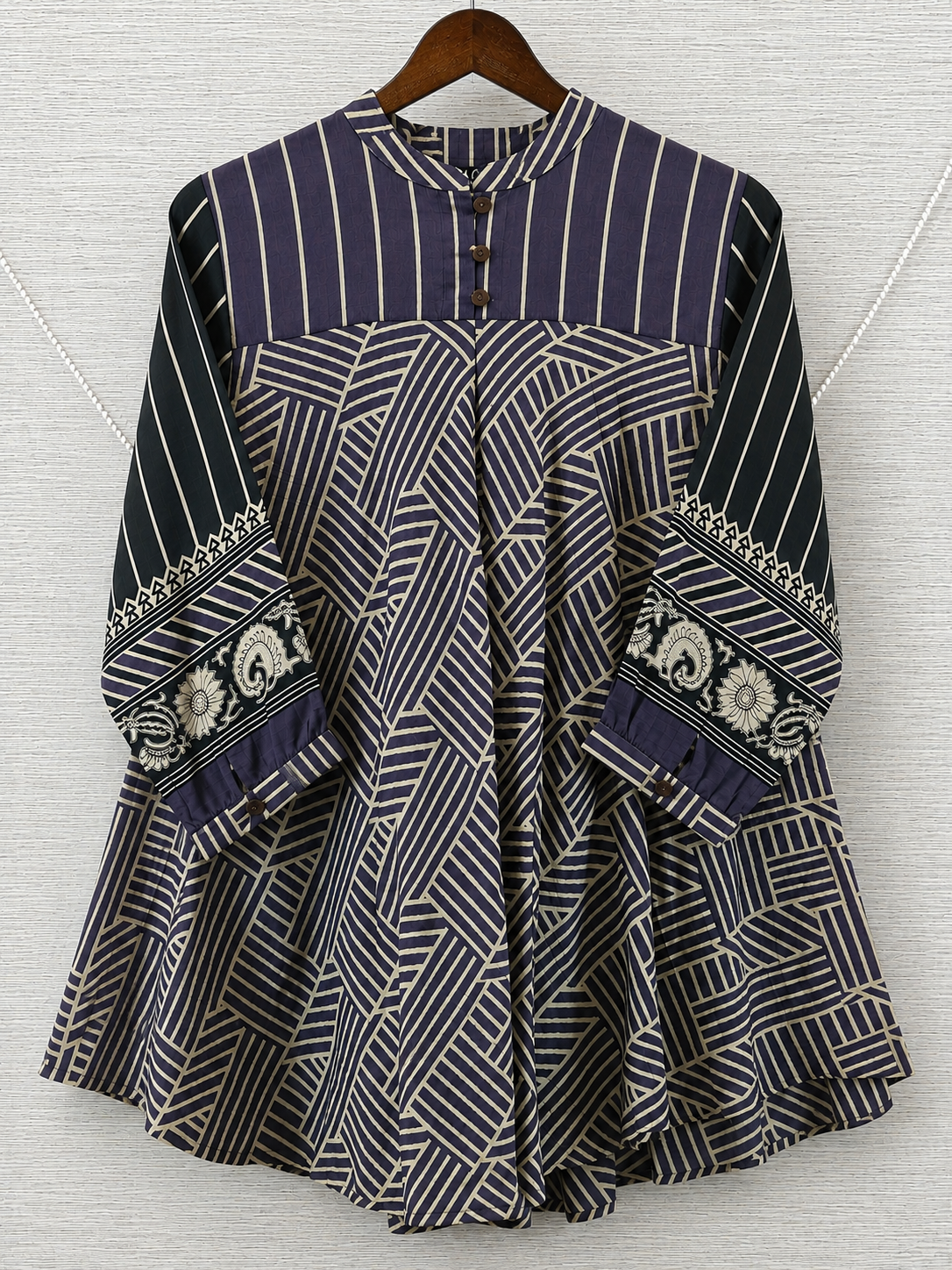 Purple & Black Stripe and Geometric Mul Chanderi Short Kurti for Women