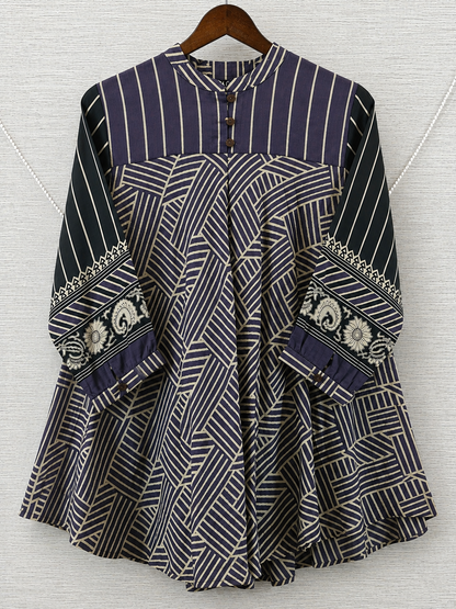 Purple & Black Stripe and Geometric Mul Chanderi Short Kurti for Women